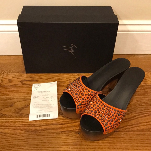 Giuseppe Zanotti Orange Sequin Block Heel Sandals - Picture 1 of 8